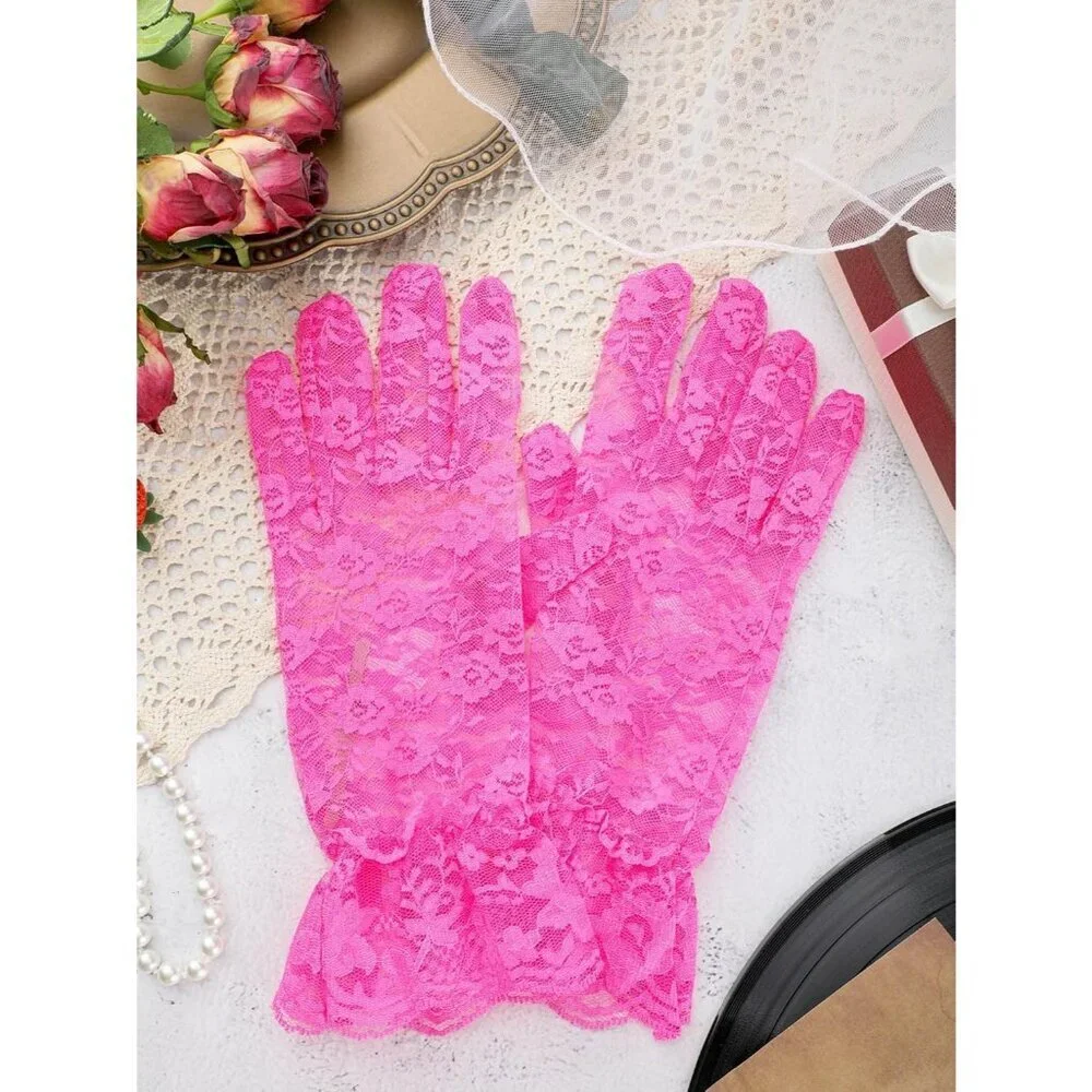 Women's Short Lace Courtesy Elegant Gloves Rose Red Wedding Dinner Opera Parties